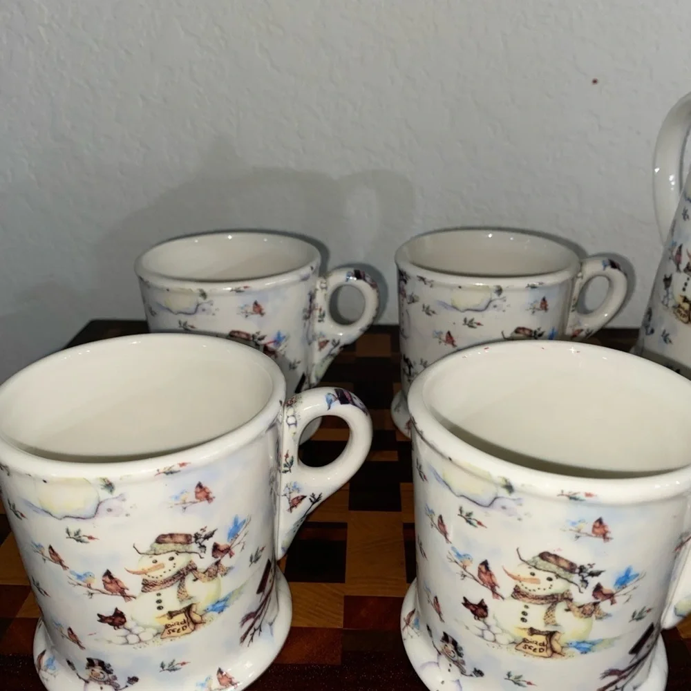 Vintage Grace Snowman Christmas Holiday Porcelain Tea\Coffee Set Kettle/4 Mugs